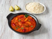 Mixed vegetable Goan curry with basmati rice, Indian food. Top view.